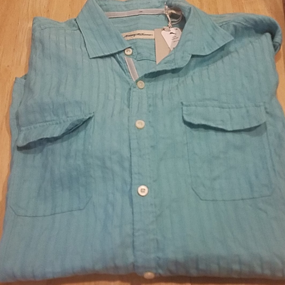 New Tommy Bahama Pacific Geos Blue Seersucker Linen Shirt Large
